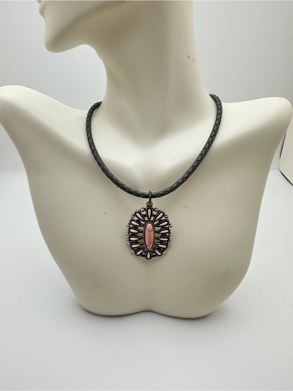 Pink Oval Medallion Pendant Necklace with Braided Black Cord